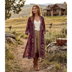 Angie Duster Kimono Size S Red Floral Print Open Front Long Cardigan Boho Hippie